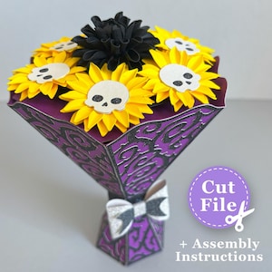 Buquê de flores de papel SVG | Buquê de halloween com dália e girassóis | Vaso de flores de papel svg | Flor de papel svg | Presente de Halloween SVG