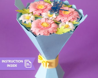 Paper flower bouquet svg, Flower vase svg, Gerbera daisy template, Paper flowers svg, Mothers day gift svg, Mothers day bouquet, Paper craft