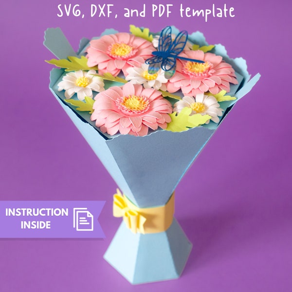 Paper flower bouquet svg, Flower vase svg, Gerbera daisy template, Paper flowers svg, Mothers day gift svg, Mothers day bouquet, Paper craft