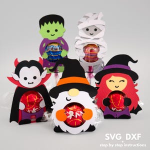 Pacchetto di porta caramelle di Halloween in formato svg, porta lecca-lecca di Halloween in formato svg, porta cioccolatini in formato svg, gnomo, Dracula, strega, mamma, zombi