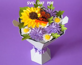 3D Paper flower bouquet svg, Flower vase svg, Mothers day gift box, Bouquet of paper flowers, Paper bouquet template, Bouquet with sunflower