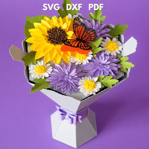 3D Paper flower bouquet svg, Flower vase svg, Mothers day gift box, Bouquet of paper flowers, Paper bouquet template, Bouquet with sunflower