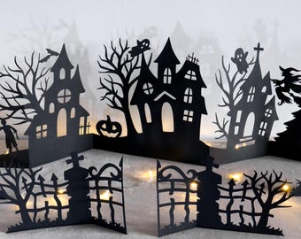Halloween village SVG, Halloween spooky house svg, Haunted house svg, Halloween scene svg, Halloween decor svg, Halloween paper craft svg