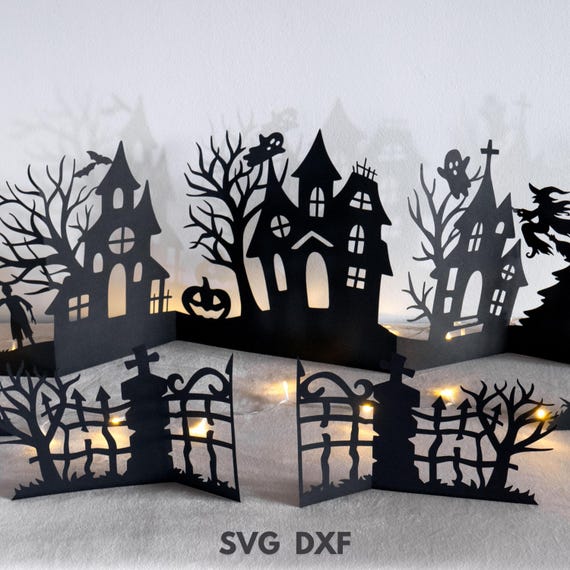 Halloween village SVG, Halloween spooky house svg, Haunted house svg, Halloween scene svg, Halloween decor svg, Halloween paper craft svg