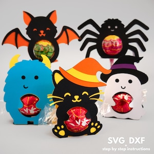 Zestaw cukierków na Halloween, uchwyt na lizaki na Halloween svg, uchwyty na czekoladki svg, uchwyty na cukierki kot, potwór, duch, pająk, nietoperz svg