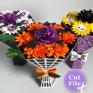 Pacote svg de buquê de flores de papel, buquês de papel de Halloween, vaso de flores svg, presente de Halloween svg, flores de papel svg, artesanato de papel de Halloween