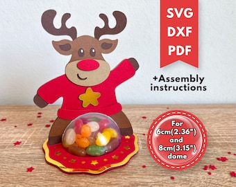 Peut inclure: Artisanat en papier de renne rouge et brun avec un dôme transparent pour bonbons ou friandises. Fichiers SVG, DXF et PDF inclus. Instructions de montage également incluses. Pour dôme de 6 cm (2,36") et 8 cm (3,15").