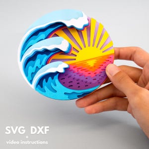 3D Layered Sea svg, Praia 3D svg, Layered wave svg, Layered ocean svg, Ocean waves svg, Arquivo de corte de ondas do mar, Modelo svg de verão, Sunrise svg