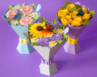 Lot de svg bouquet de fleurs en papier 3D, cadeau de fête des mères, vase floral svg, svg de fleurs en papier, modèle de bouquet de fleurs, tournesol, gerbera, rose