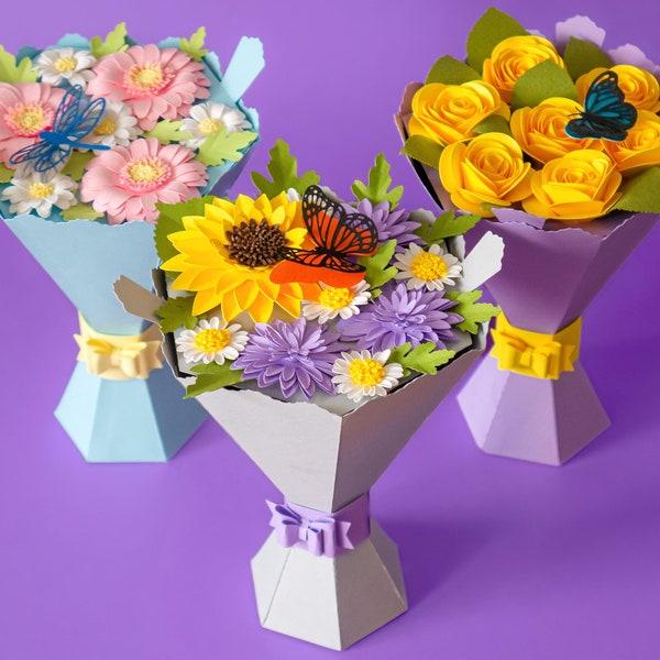 Pacchetto SVG bouquet di fiori di carta 3D, regalo per la festa della mamma, vaso floreale SVG, fiori di carta SVG, modello bouquet di fiori, girasole, gerbera, rosa