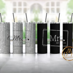 Bride And Groom Mrs&Mr Wedding Silver Glitter Tumbler Wrap, 20oz Skinny Sublimation Design, Newlywed Design, Digital Download PNG