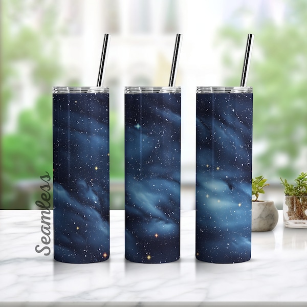 Blue Night Sky With Stars Galaxy Tumbler Wrap, Clouds 20oz Seamless Skinny Tumbler Sublimation Design, Digital Download High Quality PNG