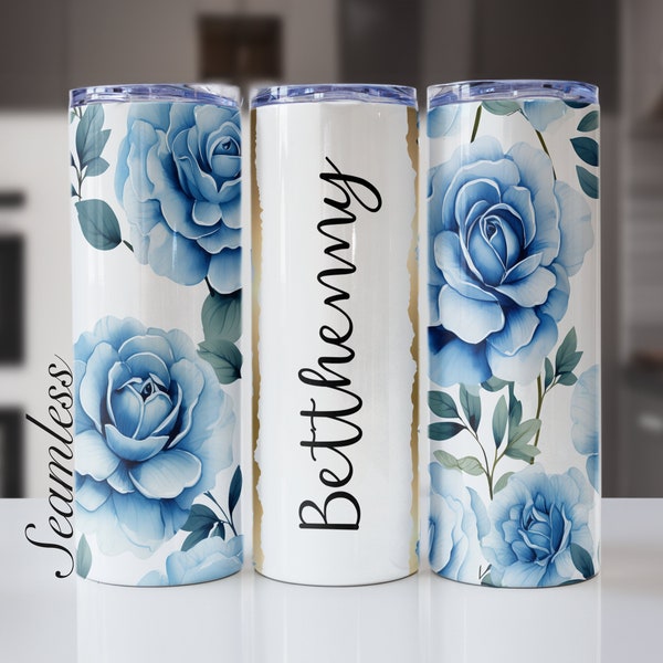 Personalised Blue Rose Floral Tumbler Wrap, Custom Add Your Own Name, 20oz Skinny Seamless Sublimation Design, Digital Download, PNG