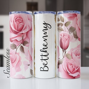Personalised Pink Roses Floral Tumbler Wrap, Custom Add Your Own Name, 20oz Skinny Seamless Sublimation Design, Digital Download, PNG
