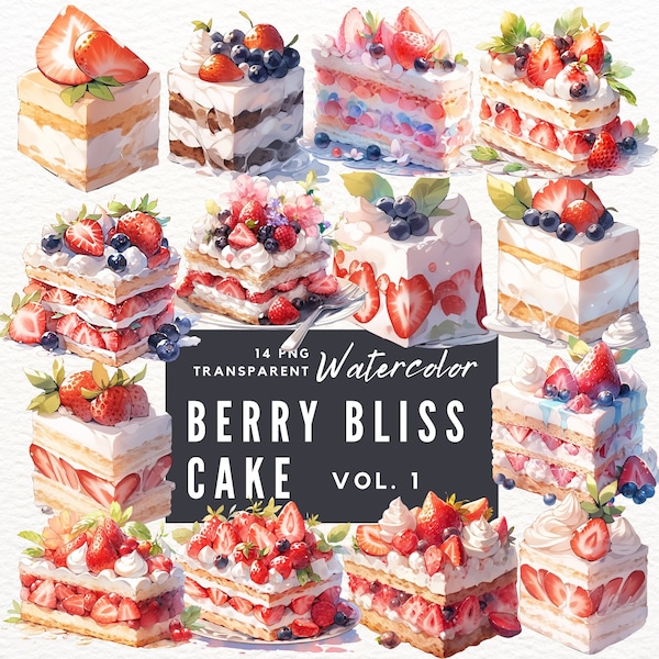 Watercolor Berry Bliss Cake Clipart Set Vol 1 Transparent PNG Dessert Art