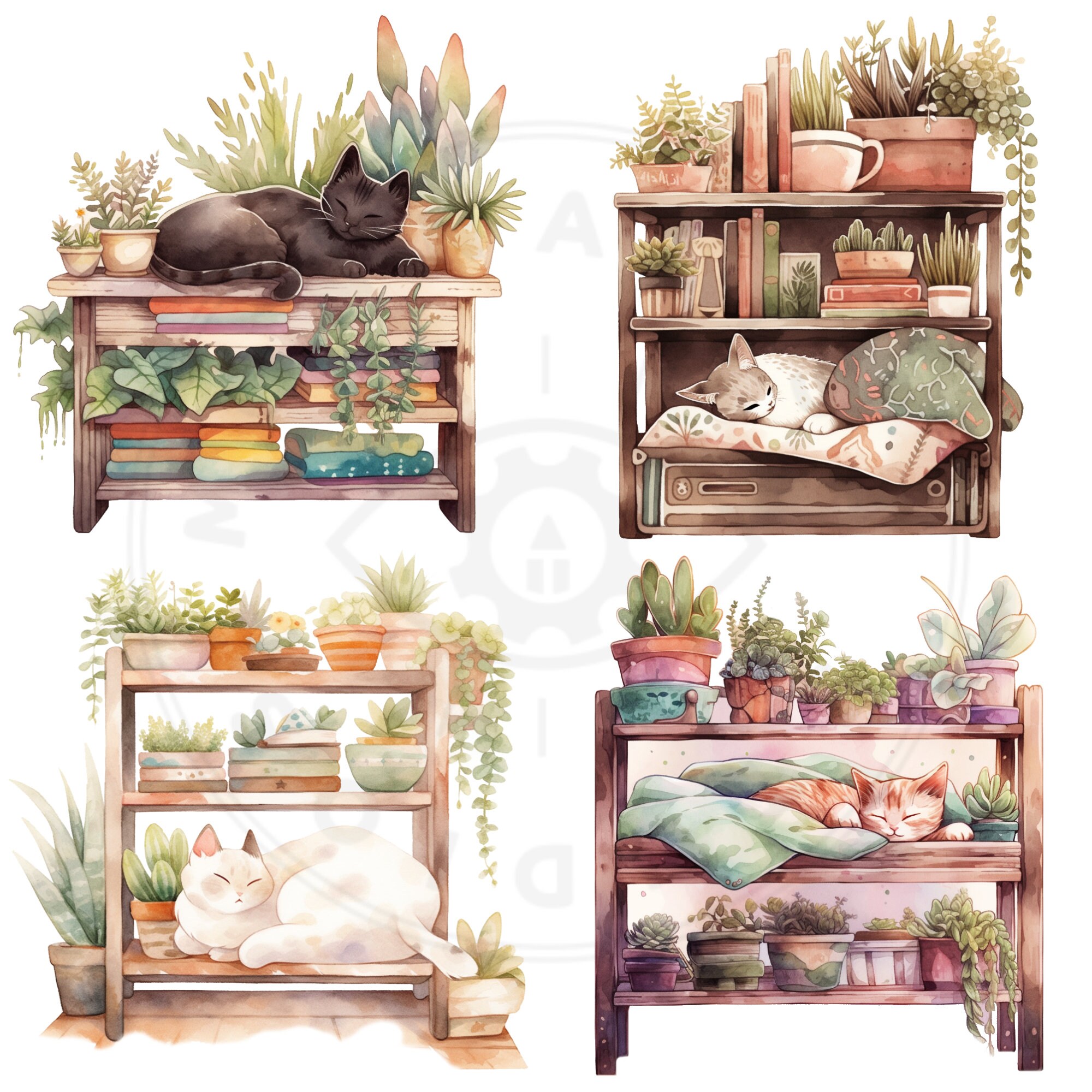 Watercolor Cat Sleeping on Bookshelf, Cat and Book Lovers, Transparent