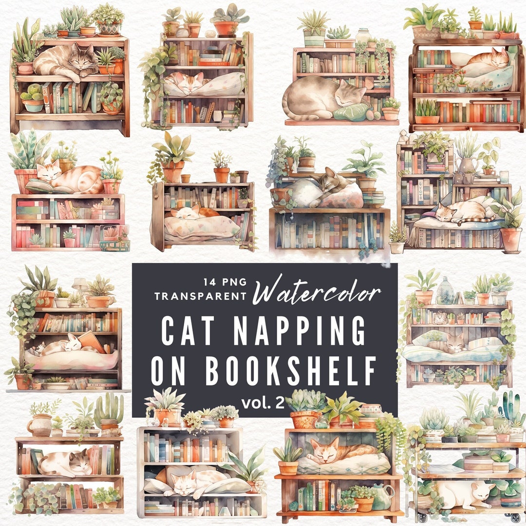 Watercolor Cat Sleeping on Bookshelf Cat and Book Lovers Etsy