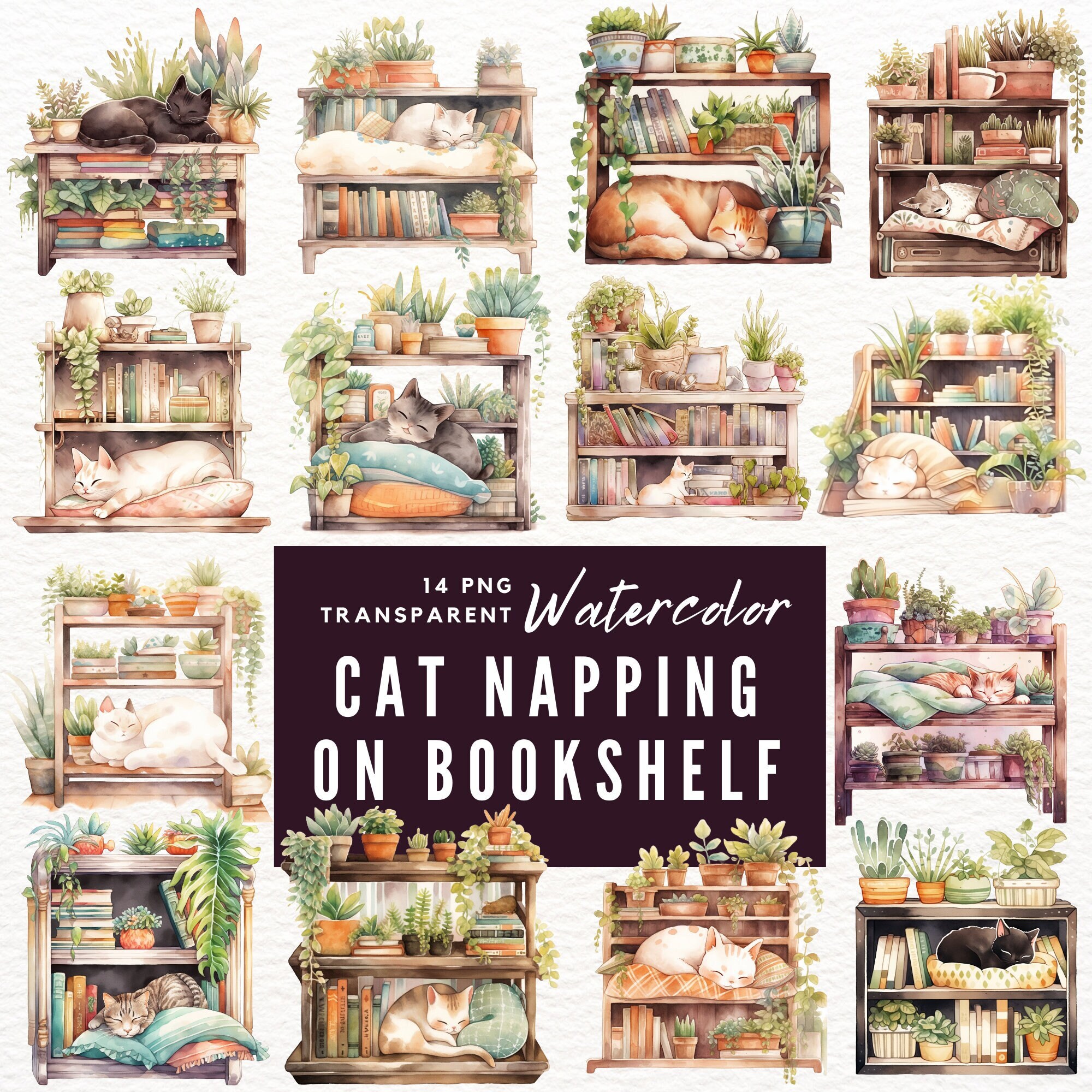 Watercolor Cat Sleeping on Bookshelf, Cat and Book Lovers, Transparent