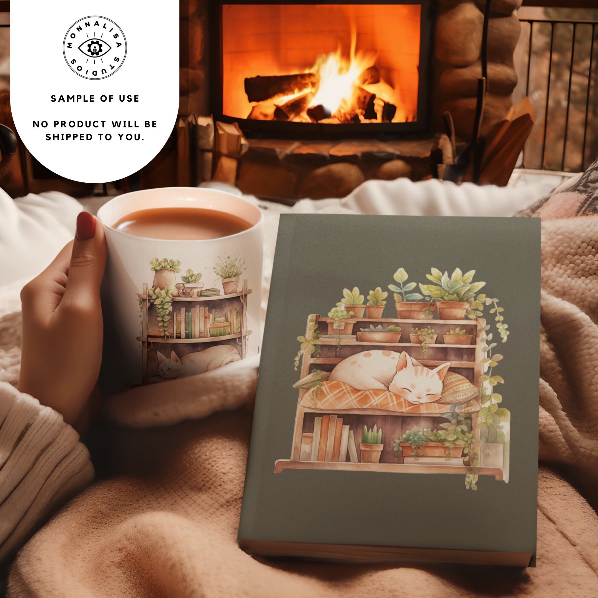 Watercolor Cat Sleeping on Bookshelf, Cat and Book Lovers, Transparent