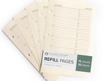 May include: A stack of cream-colored address and phone number refill pages for a 3-ring binder. Each page features printed lines and headers for contact details. A dark green band across the front reads Gallery Leather Refill Pages 3 Ring 5.5 x 8 Size 15 sheets 30 labels.