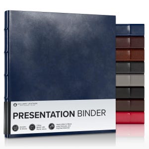 May include: A navy blue presentation binder with a textured cover and a white label featuring the text GALLERY LEATHER BAR HARBOR, MAINE PRESENTATION BINDER. The binder includes 10 sheets and 3 rings. A stack of additional binders in various colors is visible.