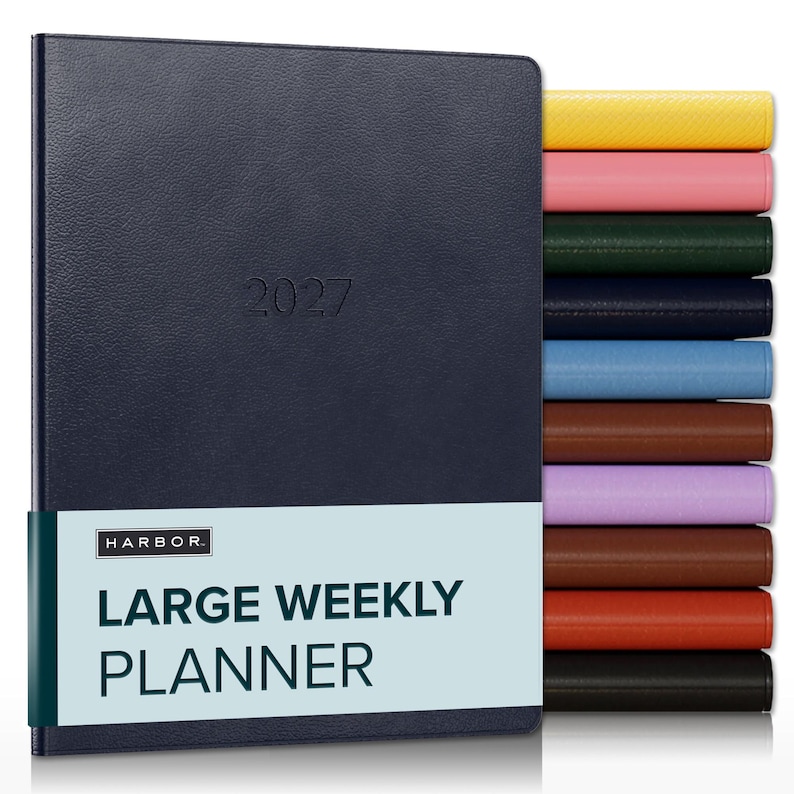 Harbor 2027 Large Weekly Planner | Vegan Leather, Monthly Views, Personalized (9.75x7.5) Navy