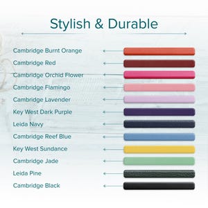 May include: A color chart titled Stylish & Durable displaying twelve horizontal rectangular swatches in various colors labeled Cambridge Burnt Orange, Red, Orchid Flower, Flamingo, Lavender, Key West Dark Purple, Leida Navy, Reef Blue, Sundance, Jade, Pine, and Black.