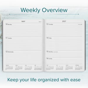May include: An open weekly planner showing a May 2027 calendar spread. The left page lists Monday through Wednesday, and the right page lists Thursday through Sunday. Small monthly calendars for February through September are printed at the bottom.
