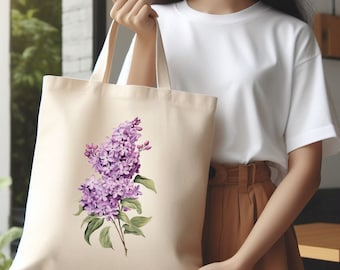 Lilac Flower Tote Bag, Floral Laptop Bag, Canvas Flower Shoulder Bag, Shopping Tote Bag, Vintage Flower Bag For Her