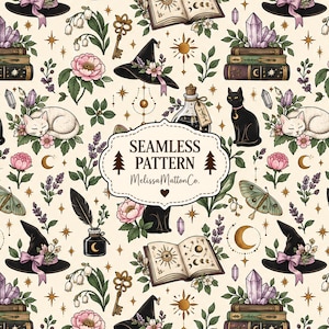 Könnte beinhalten: Ein nahtloses Muster mit Illustrationen von Hexenhüten, offenen Zauberbüchern, schwarz-weißen Katzen, Kristallen, Schlüsseln, Motten, Tintenfässern mit Federn und Blumen auf cremefarbenem Grund. Der mittlere Text lautet SEAMLESS PATTERN MelissaMattonCo.