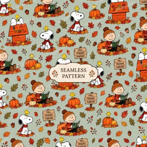May include: A seamless pattern on a sage green background featuring Snoopy, Woodstock, and Charlie Brown in autumn settings. The design includes orange pumpkins, brown acorns, colorful fall leaves, red doghouses, and signs reading Fall Friends Forever.