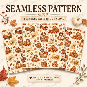 May include: A seamless pattern digital file featuring illustrations of puppies, autumn leaves, pumpkins, and woven baskets. The design includes dogs wearing sweaters, wooden wagons, and apples on a cream background with the text SEAMLESS PATTERN.