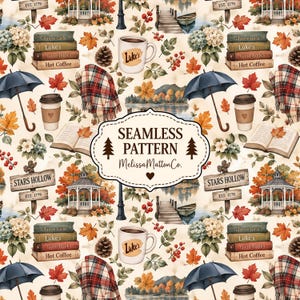 Può includere: Un motivo continuo con illustrazioni a tema autunnale che includono pile di libri etichettati Gilmore Girls, Luke's, Good Books e Hot Coffee, tazze di caffè, coperte a quadri, ombrelli, gazebo, pontili in legno e cartelli Stars Hollow.