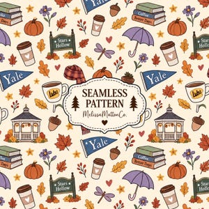 Peut inclure: Un motif répétitif illustrant des éléments d'automne comme des citrouilles orange, des piles de livres, des tasses de café, des parapluies violets, des glands, des libellules, des fanions Yale, des panneaux Stars Hollow et des tasses Luke.
