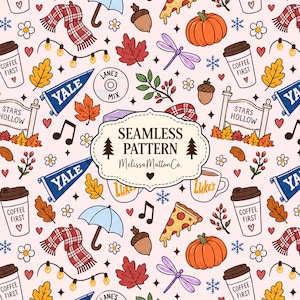 May include: A seamless pattern on a light pink background featuring illustrations of coffee cups labeled Coffee First, pumpkins, red plaid scarves, blue Yale pennants, Stars Hollow signs, acorns, pizza slices, dragonflies, and music notes.