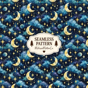 Könnte beinhalten: Ein nahtloses Muster mit gelben Mondsicheln und goldenen Sternen vor einem dunkelblauen Himmel mit Aquarellwolken. Ein weißes Etikett in der Mitte mit gewelltem Rand zeigt den Text SEAMLESS PATTERN, zwei Tannenbäume und MelissaMattonCo.
