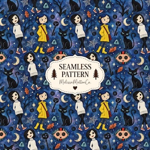 May include: A seamless pattern featuring a cartoon girl in a yellow raincoat, a black cat, keys, buttons, and crescent moons on a dark blue starry background. A central white label displays the text SEAMLESS PATTERN MelissaMattonCo.
