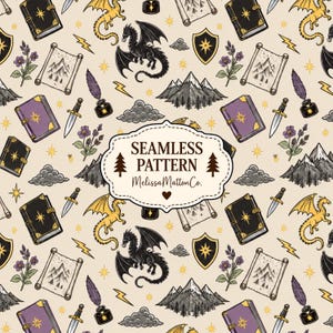 Könnte beinhalten: Ein nahtloses Muster mit Illustrationen von schwarzen und gelben Drachen, violetten und schwarzen Büchern mit goldenen Sternen, Dolchen, Tintenfässern mit Federkielen, Gebirgen, Schilden, Wolken und Blumen auf beigem Grund mit Text.