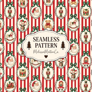 Peut inclure: Un motif répétitif composé de rayures verticales rouges et blanches, orné d'ornements ovales illustrant des casse-noisettes, le Père Noël, des ours en peluche, des chevaux à bascule, des tambours et des poupées. Texte : SEAMLESS PATTERN MelissaMattonCo.