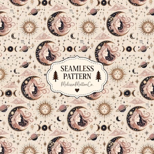 May include: A seamless pattern featuring celestial motifs including suns with faces, crescent moons cradling profiles of women, planets with rings, stars, and clouds on a cream background. A central label reads SEAMLESS PATTERN MelissaMattonCo.