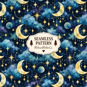 May include: A seamless pattern featuring golden crescent moons and four-pointed stars against a dark blue watercolor sky with clouds. A central white label displays the text SEAMLESS PATTERN, two pine tree icons, and MelissaMattonCo.