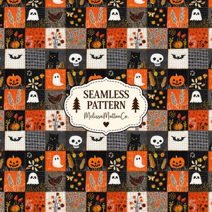 Nahtloses Halloween-Patchworkmuster, Geister-Kürbis-Schädel-Schwarzkatzen-Digitalpapier, gruseliger Herbststoffdruck, Herbst-Halloween-Hintergrund