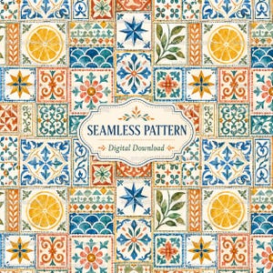 Pode incluir: Um padrão digital sem costuras com uma grelha de azulejos quadrados com ilustrações em aguarela de fatias de limão amarelo, estrelas azuis, folhas verdes e motivos florais cor de laranja. O centro exibe o texto SEAMLESS PATTERN Digital Download.