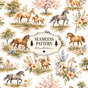 May include: A seamless pattern featuring watercolor illustrations of horses in various colors, including brown, gray, and white, set against a white background with trees, flowers, and a central label reading SEAMLESS PATTERN MelissaMattonCo.