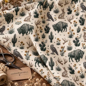 Western Desert Pattern, Bison Cactus Jackrabbit Fabric Design, Vintage Southwestern Wildlife Seamless Pattern, Rustic Cowboy Print