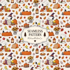May include: A seamless pattern featuring Snoopy and Woodstock in autumn scenes with pumpkins, sunflowers, lanterns, and books of spells. The design includes orange, brown, and yellow fall leaves on a cream background with a central label text.