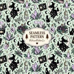 May include: A seamless pattern on a light green background featuring black silhouettes of witches on crescent moons, black cats, purple crystals, candles, books, and potion bottles. The centre text reads SEAMLESS PATTERN MelissaMattonCo.