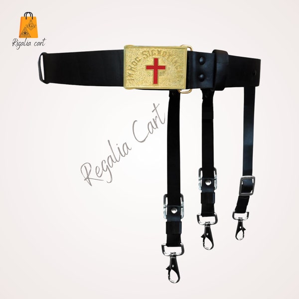 Knights Templar Past Commander Sword Belts Black Leather Regalia Belt with Red Cross Adjustable Best Quality Buckle,