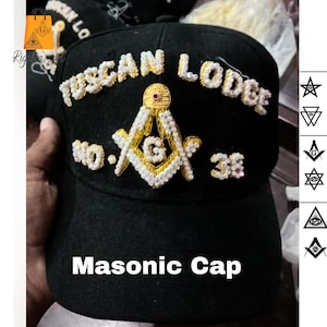 Masonic Cap, Masonic Baseball CAp, Masonic HAt Hand Embroidered decorated with Rhinestone Customized Make in Any masonic lodge Emblem.
