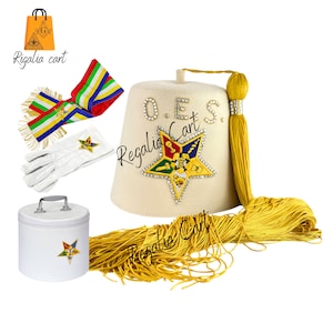 OES Fez set, Masonic OES Fez with Rhinestone work Standard White OES Sash Masonic Gloves in Cotton Fez Case inner red velvet Best Quality